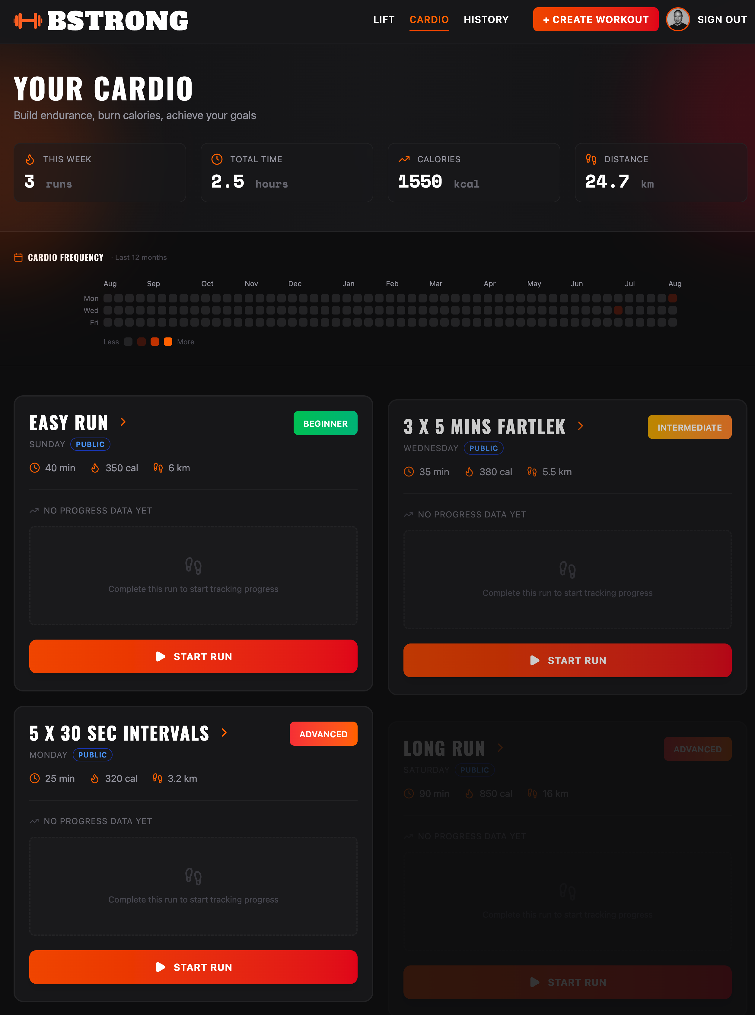 BStrong's cardio screen, showing weekly running stats and a list of interval and endurance runs