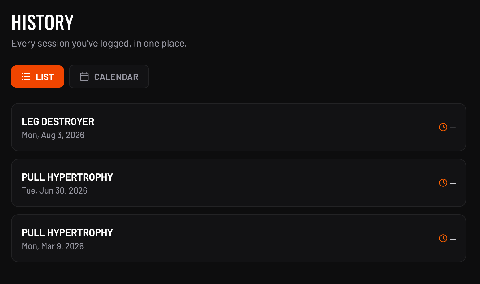 BStrong's history screen, listing a user's past workout sessions with dates